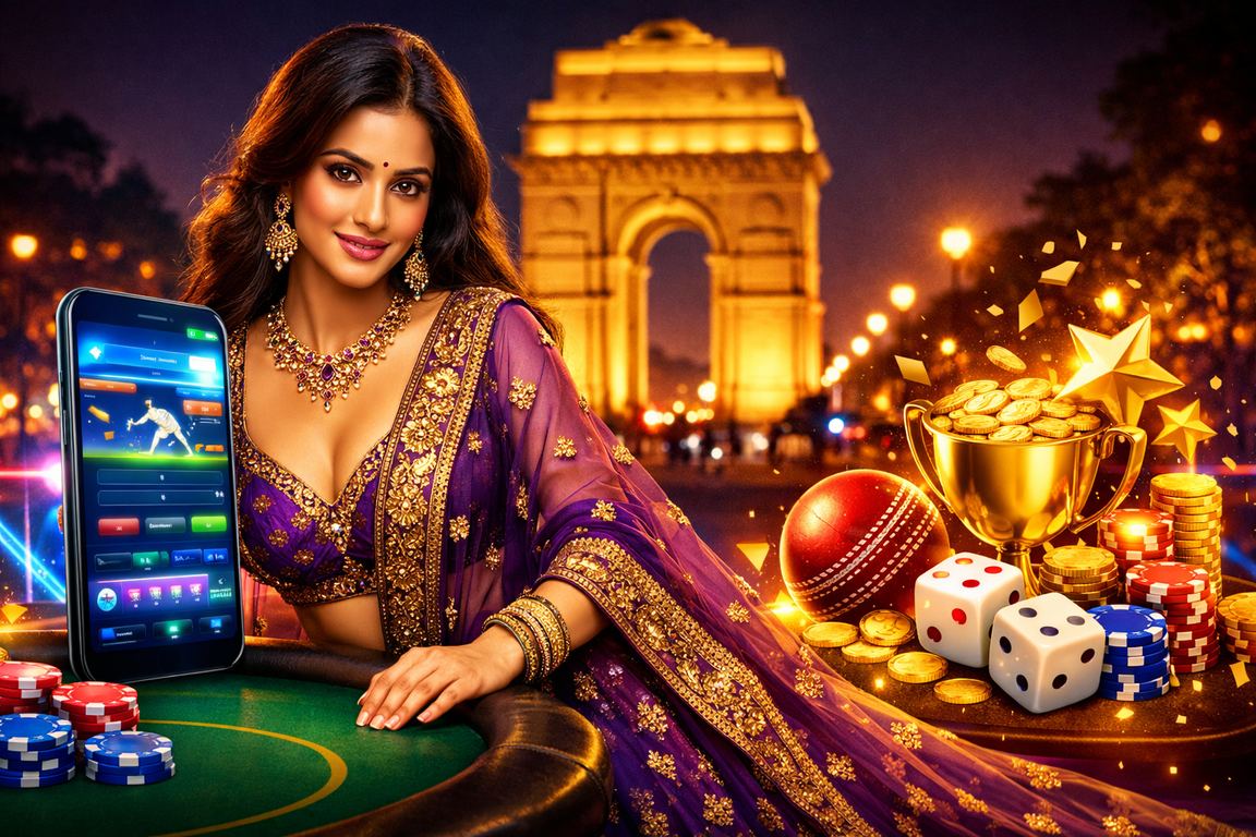Live casino interface overlay with cricket in India Gate backdrop