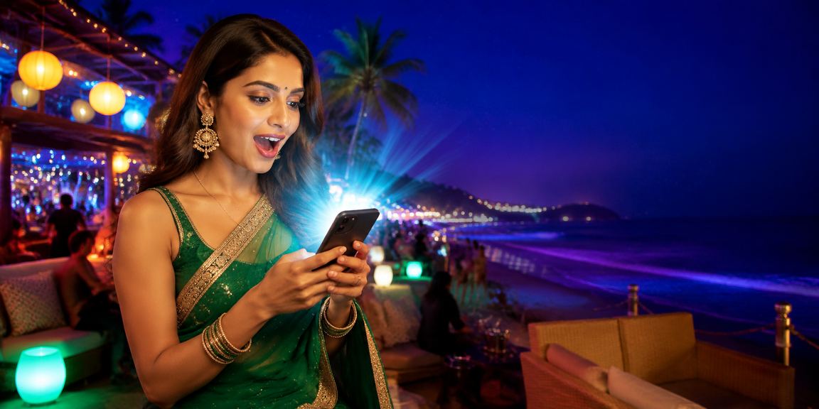 Woman using mobile payment app on beach in Goa