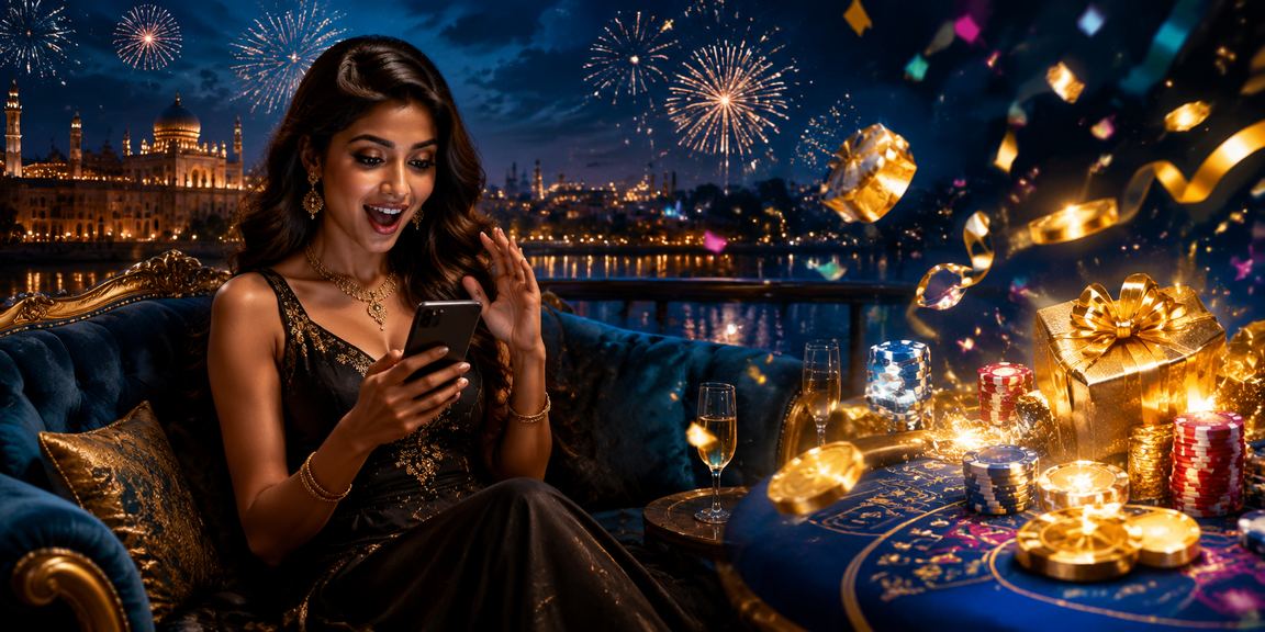 Festive Diwali lights in Lucknow with baccarat game overlay