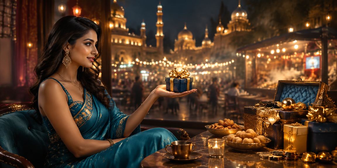 Traditional Lucknow street scene with glamorous VIP bonus sign